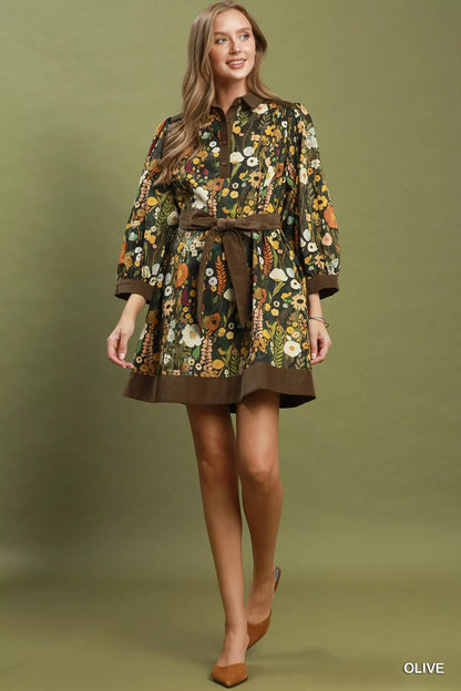 Umgee Floral Print Belted Puff Sleeve Mini Dress