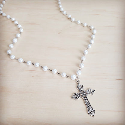 Pearl Long Beaded Necklace with Antique Silver Cross 262p