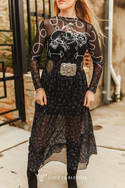 Horse Cowboy Printed Mesh Maxi Ruffle Long Sleeve Dress