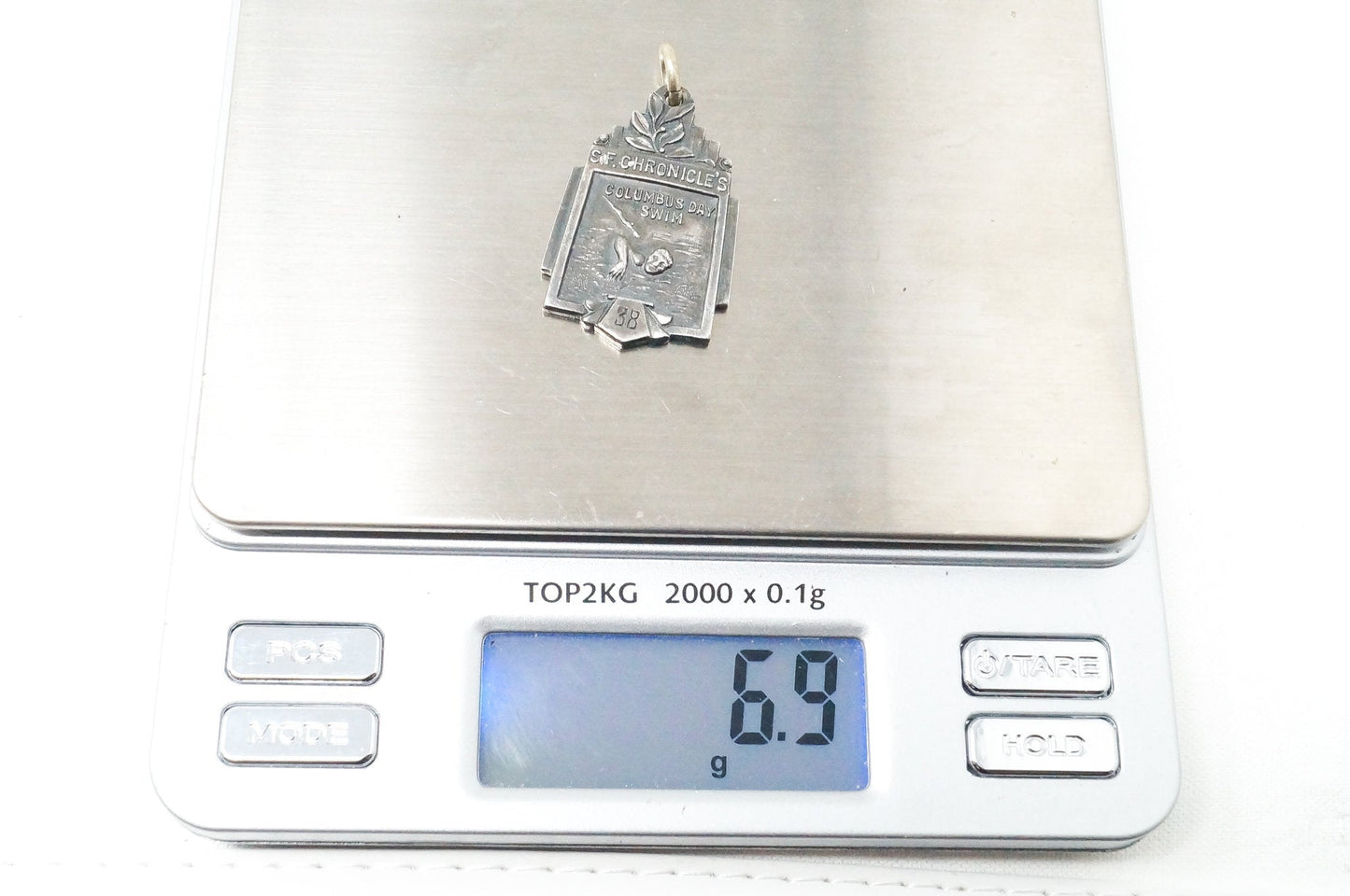 Vintage Antique 1938 Columbus Day Swim Sterling Silver Necklace Pendant