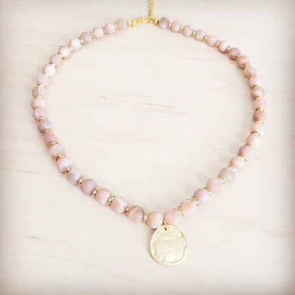 Frosted Sunstone Beaded Collar Necklace w/ Matte Gold Pendant 262n
