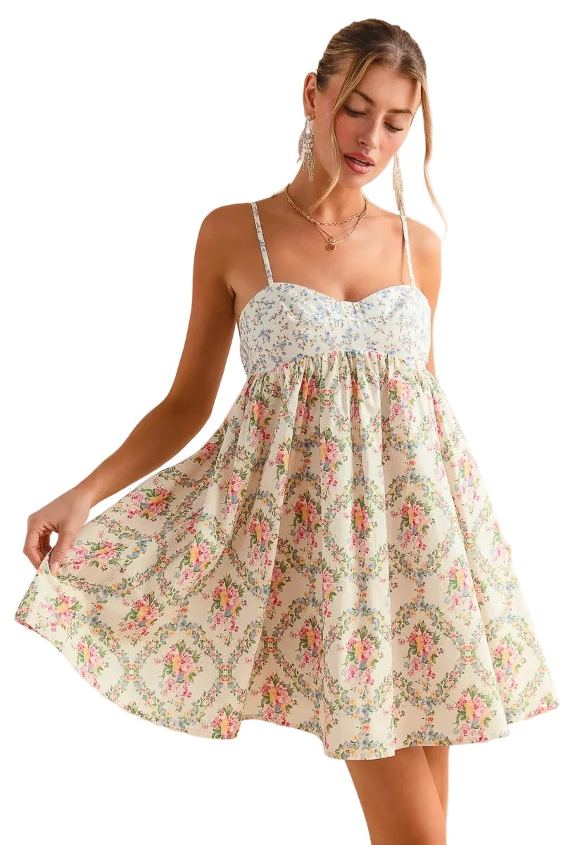 Garden Naked Womens Casual Sundress Floral Print Smocked Empire Waist Spaghetti Strap Babydoll Mini Dress White Pink