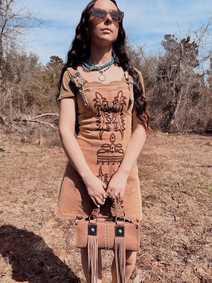 Brown Denim Embroidered Buckle Dress