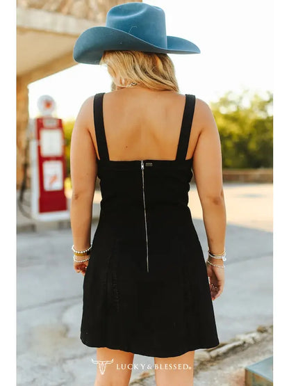 Black Ivory Embroidered Buckle Tank Denim Stretch Dress