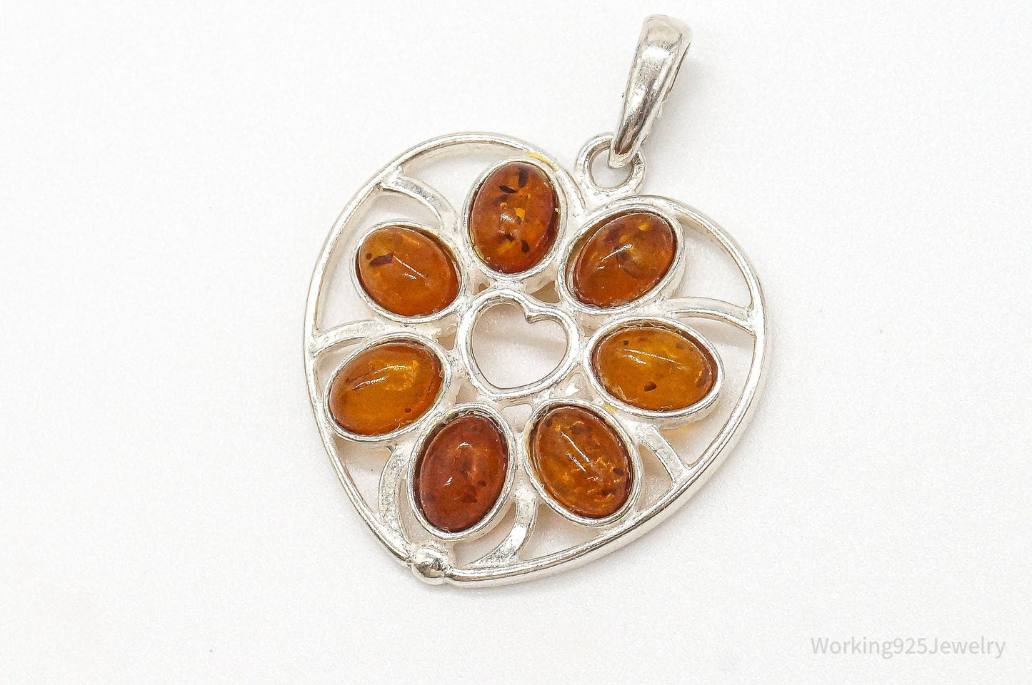Vintage Amber Heart Modernist Sterling Silver Pendant