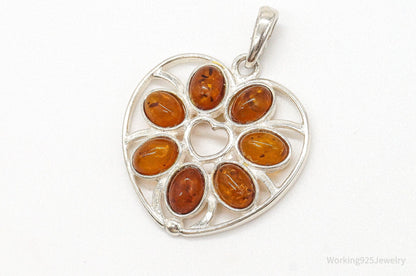 Vintage Amber Heart Modernist Sterling Silver Pendant