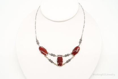 Antique Carnelian Marcasite Sterling Silver Necklace