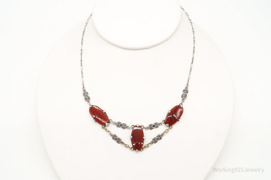 Antique Carnelian Marcasite Sterling Silver Necklace