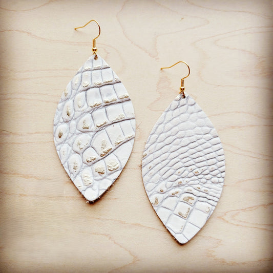 **Leather Oval Earring-White and Gold Gator 209r