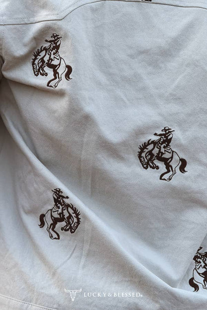 Beige Horse Printed Corduroy Brown Detail Zip Up Jacket