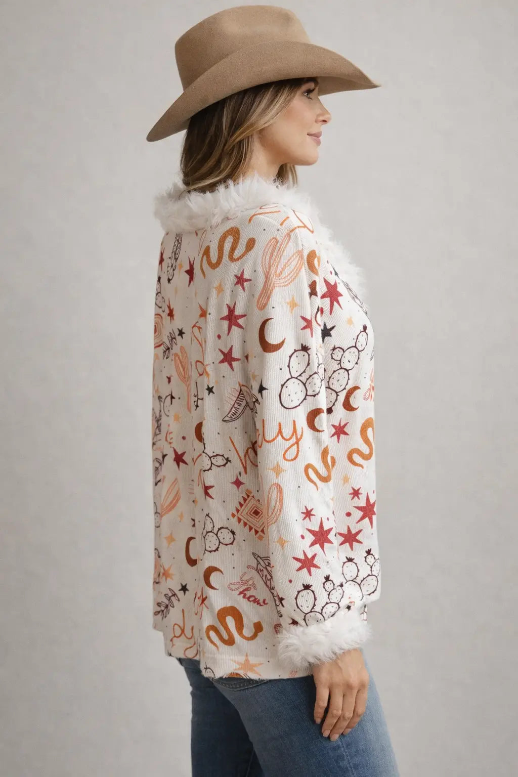 Howdy Faux Fur Trimmed Top