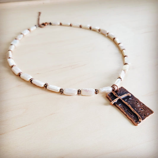 Rectangle Freshwater Pearl & Copper Necklace w/ Antique Cross Pendant 264a