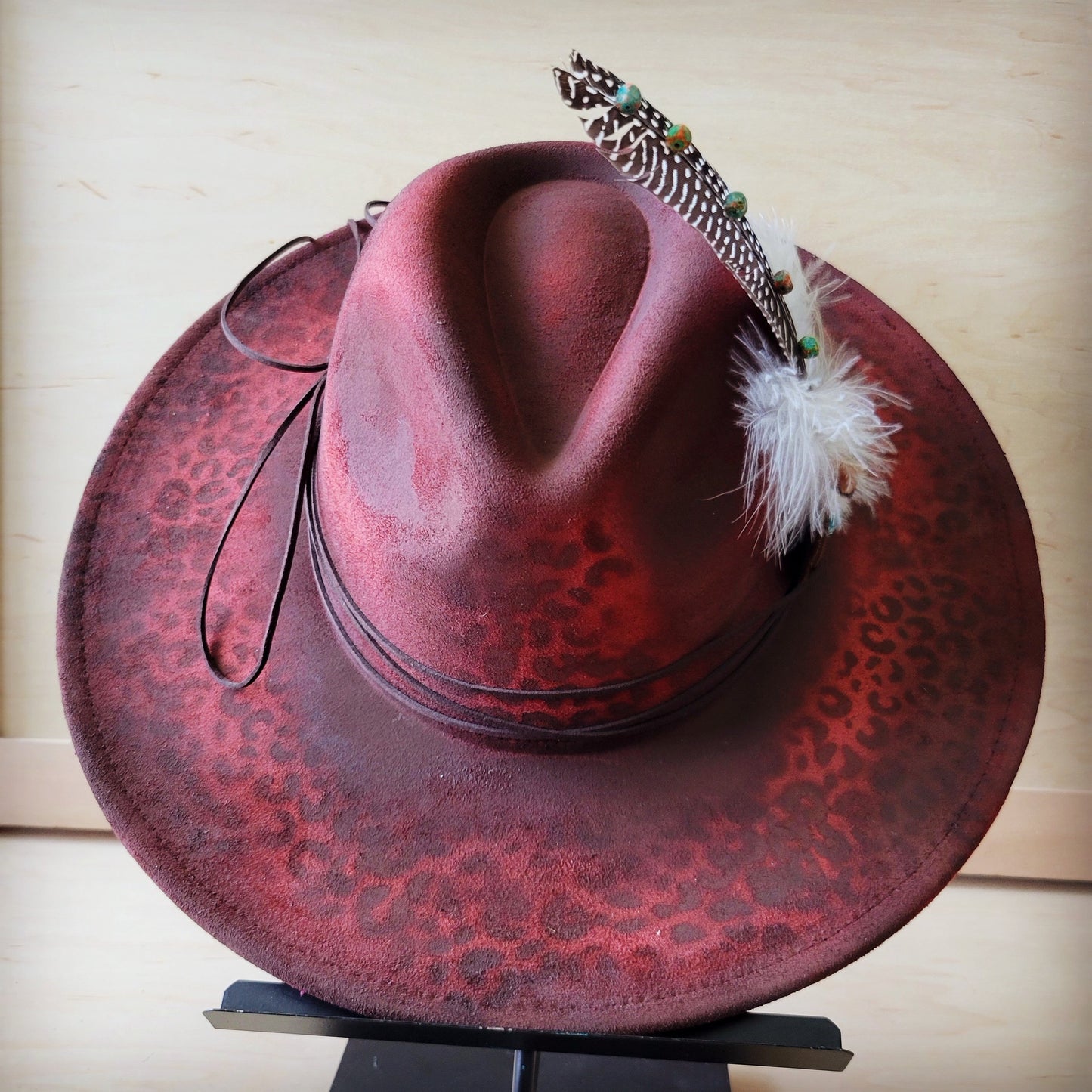 Hand-Painted Leopard Boho Western Cowgirl Hat & Band-Red 987k