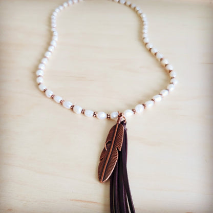 Long Freshwater Pearl & Copper Necklace w/ Feather Tassel Pendant 264b
