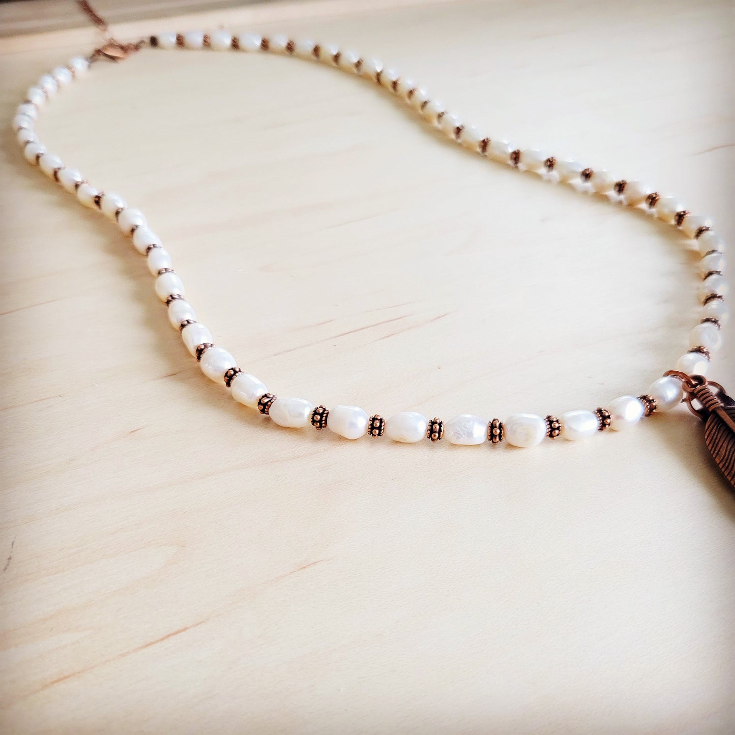 Long Freshwater Pearl & Copper Necklace w/ Feather Tassel Pendant 264b