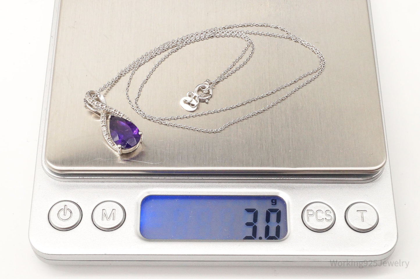 Vintage Designer Amethyst 4 Diamond Sterling Silver Necklace