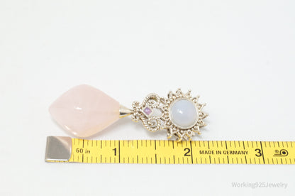 Vintage Designer MRF Rose Quartz Amethyst Sterling Silver Necklace Pendant