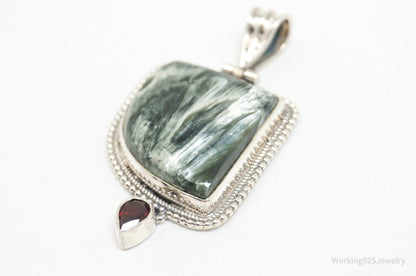 Vintage Large Green Seraphinite Garnet Sterling Silver Necklace Pendant