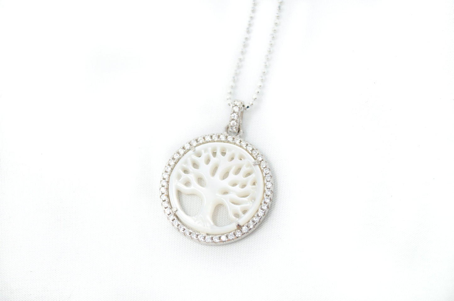 Vintage Carved Mother Of Pearl Star Tree Of Life CZ Sterling Silver Necklace