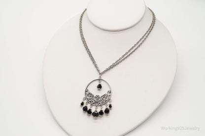 Vintage Black Onyx Bead Chandelier Sterling Silver Necklace