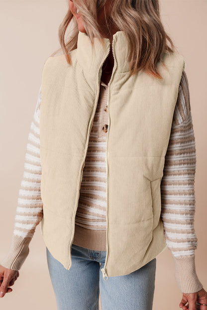 Scottie Solid Color Corduroy Puffer Vest Coat - Beige