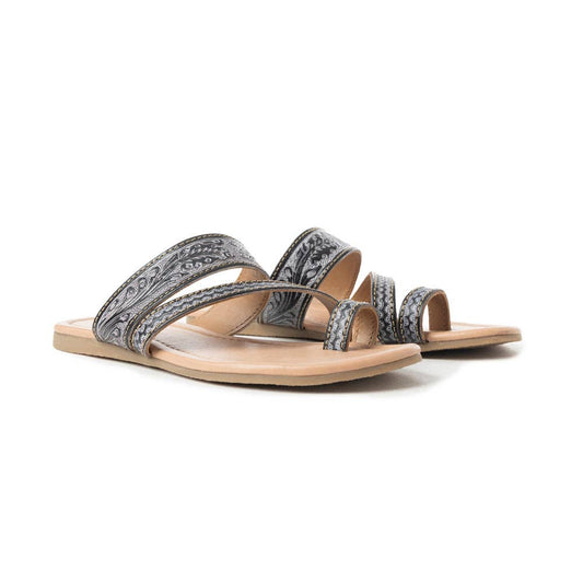 Rangeland Embossed Floral Toe-Loop Leather Sandals – Black
