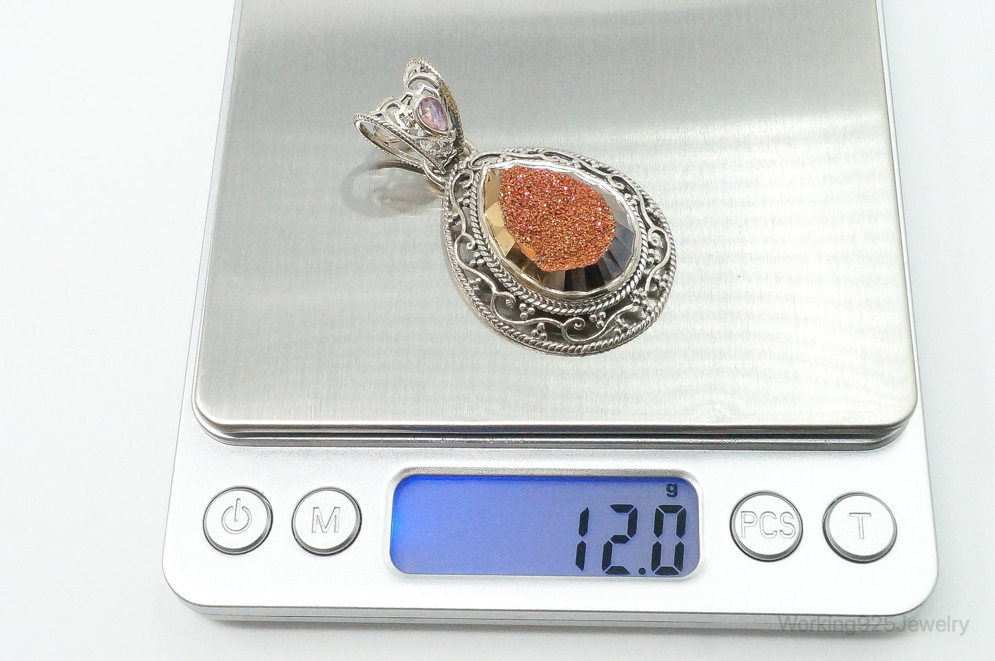 SAJEN Large Druzy Quartz Mystic Topaz Sterling Silver Necklace Pendant