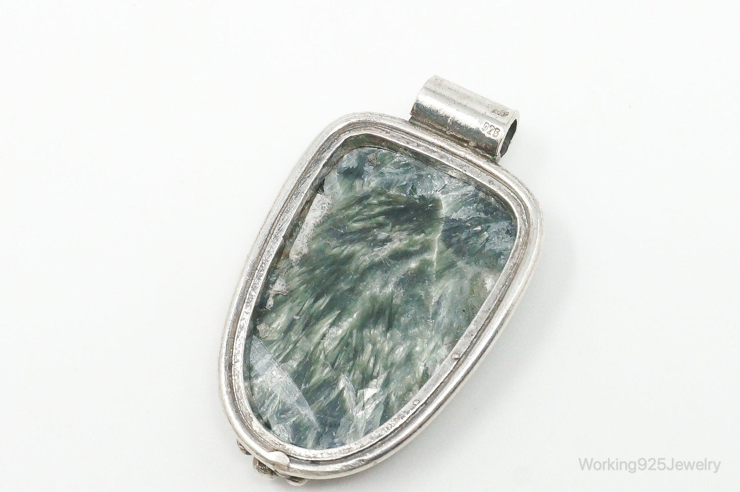 Vintage Large Green Seraphinite Sterling Silver Necklace Pendant