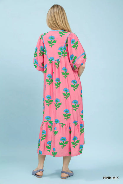 Umgee Floral Print Midi Dress in Pink