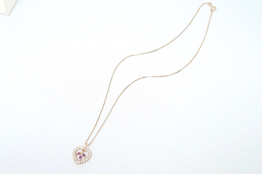 Vtg Ruby Simulated Heart Accented Rose Gold Vermeil Sterling Silver Necklace 18"