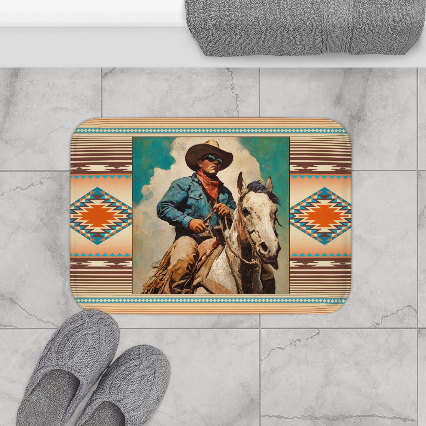 Southwestern Cowboy Bath Mat – Vintage Western Horse Rider Design