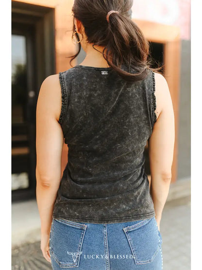 Black Mineral Wash Rodeo Printed Trim Detail Tank Top