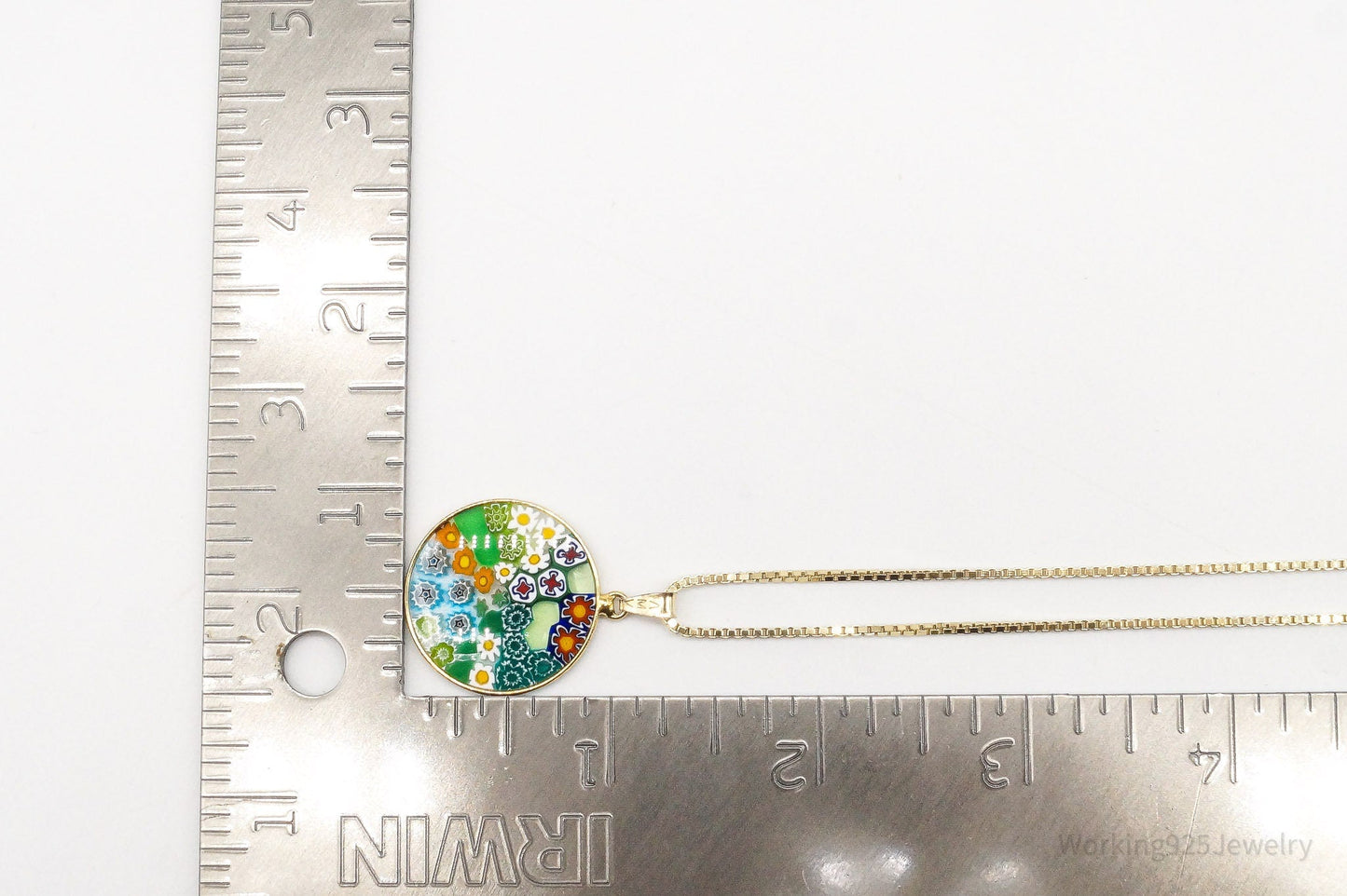 Vintage Glass Murano Millefiori Flowers Gold Vermeil Sterling Silver Necklace