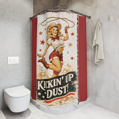 Kickin' Up Dust! Cowboy Pinup Shower Curtain — Retro Western Cowgirl Bathroom Decor