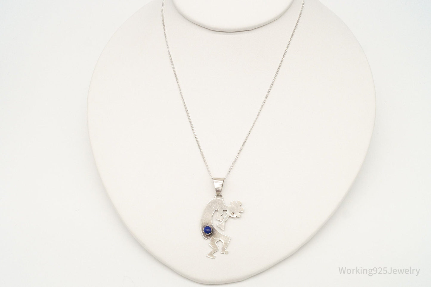 Vintage Native America Lapis Lazuli Dancing Kokopelli Sterling Silver Necklace