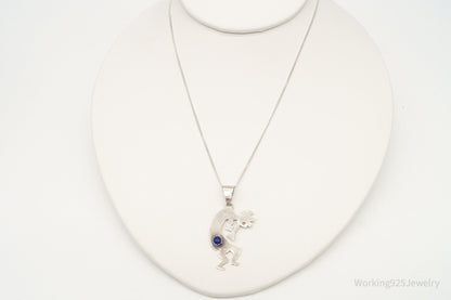 Vintage Native America Lapis Lazuli Dancing Kokopelli Sterling Silver Necklace