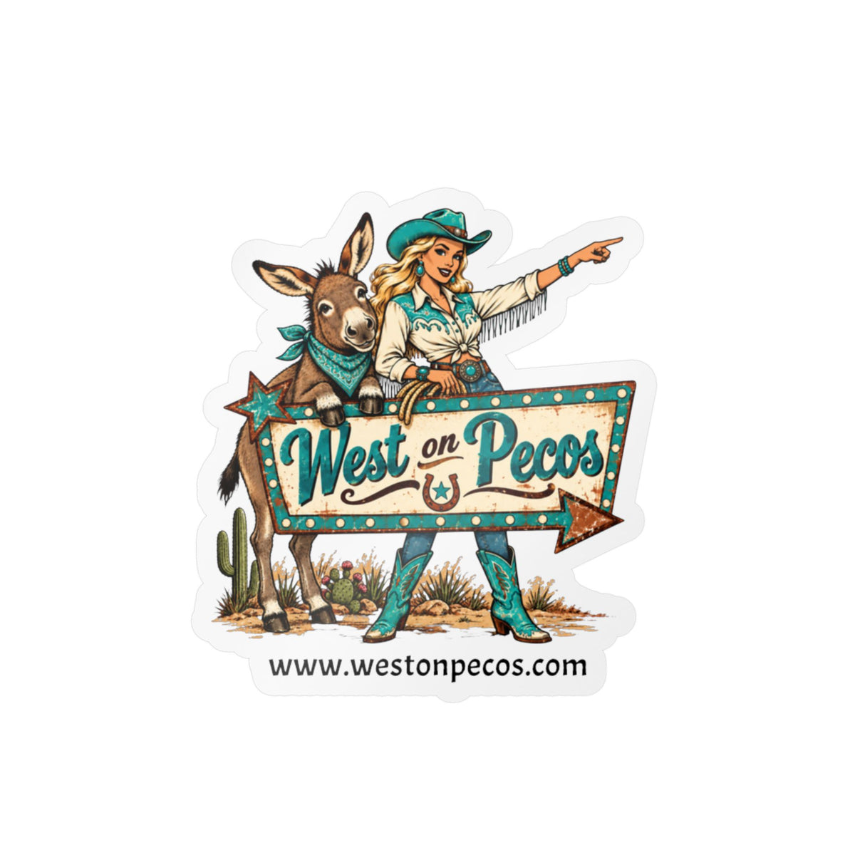 West on Pecos Cowboy Sticker — Kiss-Cut Vinyl Decal with Cowgirl & Donkey