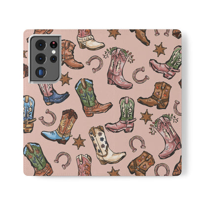Western Boots Flip Wallet Phone Cases Pink