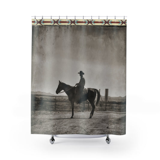Western Cowboy Shower Curtain — Vintage Silhouette Bathroom Decor with Southwestern Border