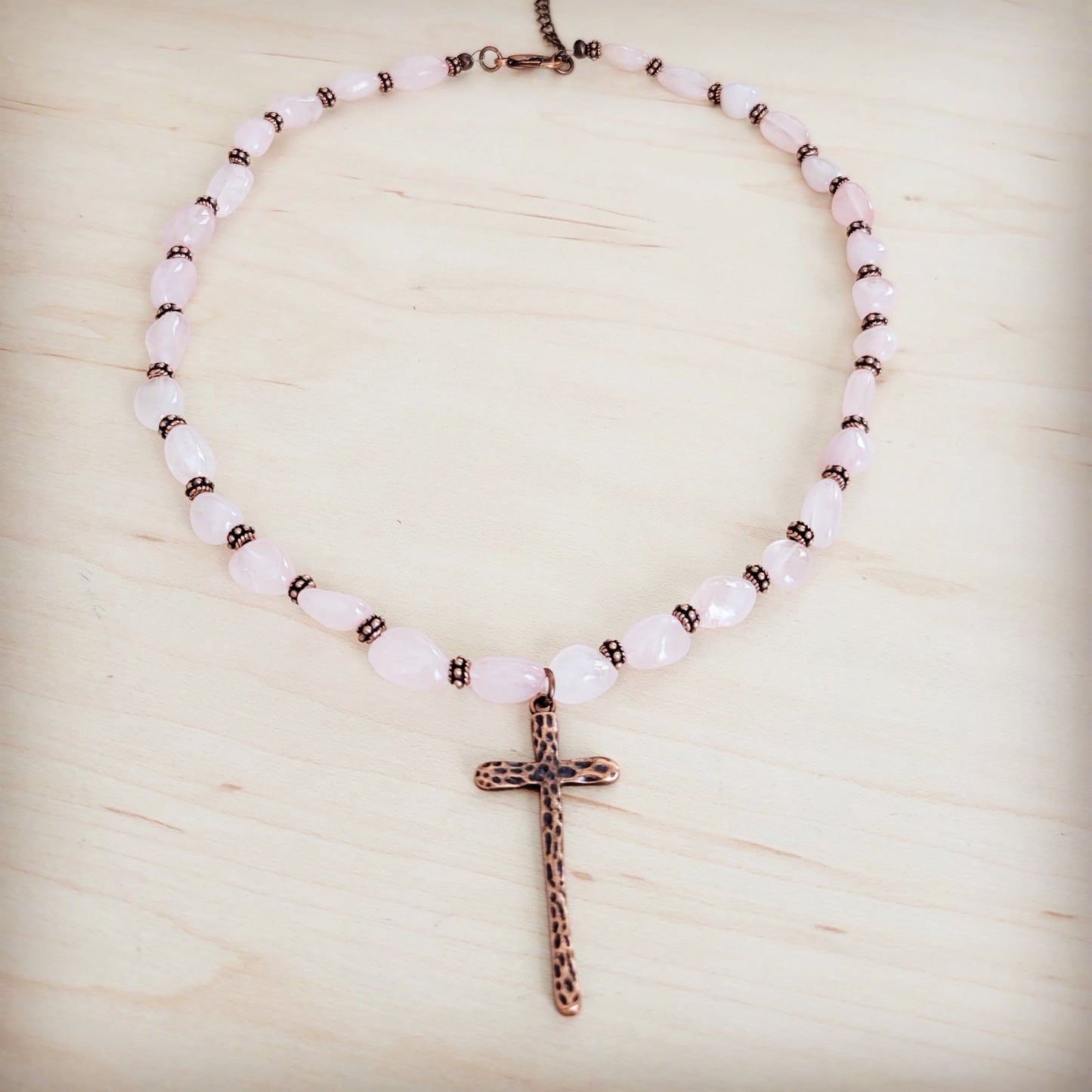 Rose Quartz Collar Necklace w/ Copper Cross Pendant 263i