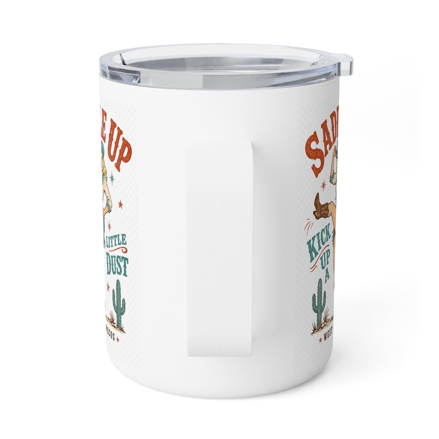 Western Coffee Mug – “Saddle Up” 10oz Insulated Travel Mug with Retro Cowboy Design
