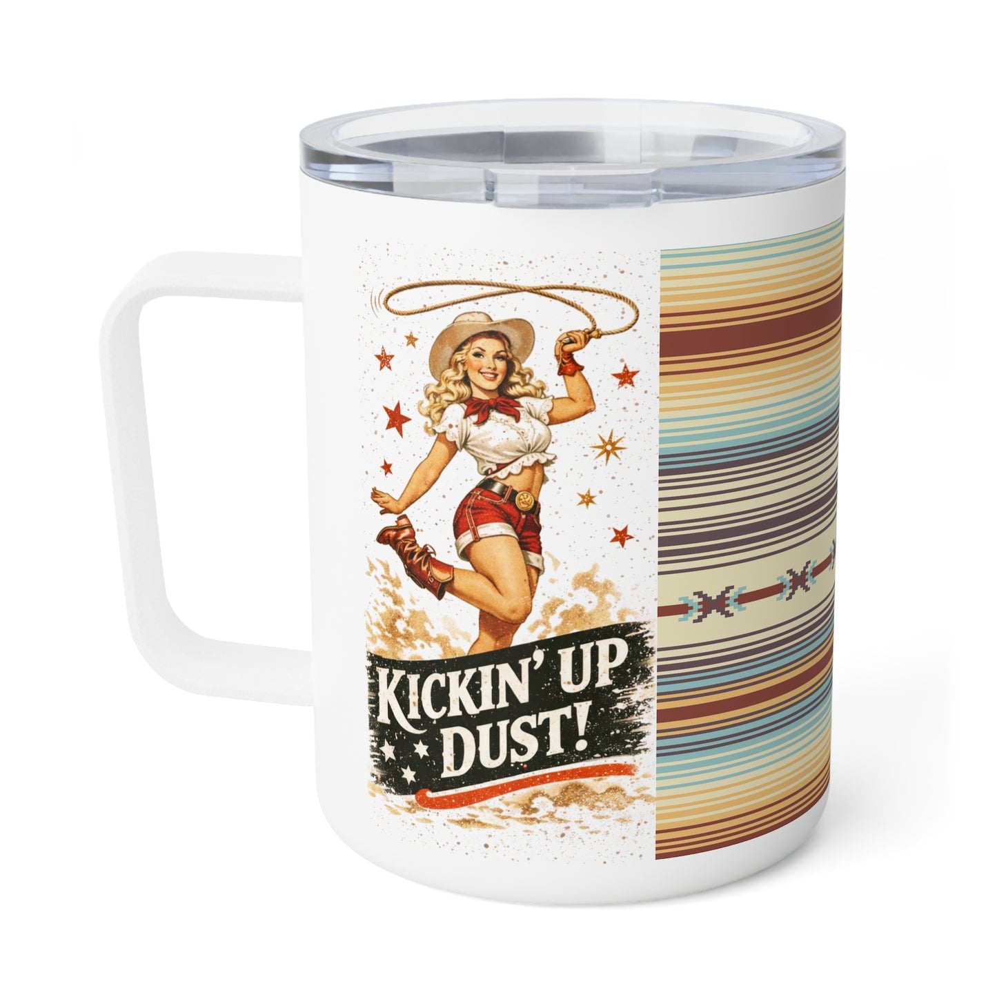 10oz Insulated Coffee Mug — Retro Southwest Stripe & 'Kickin' Up Dust' Cowgirl Design