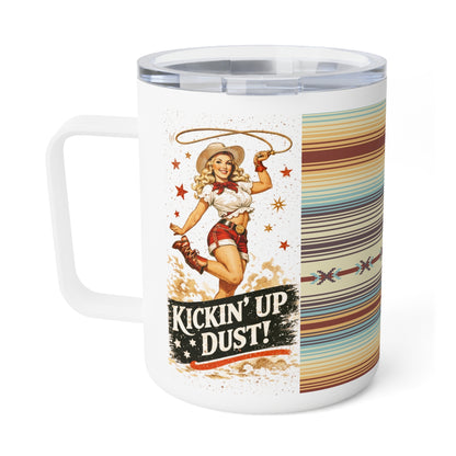 10oz Insulated Coffee Mug — Retro Southwest Stripe & 'Kickin' Up Dust' Cowgirl Design