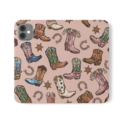 Western Boots Flip Wallet Phone Cases Pink