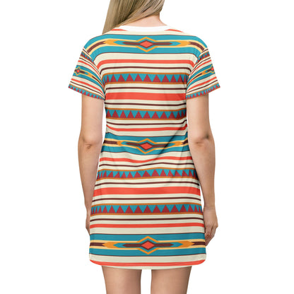 Southwestern Stripe T‑Shirt Dress — Colorful Aztec Boho AOP Dress