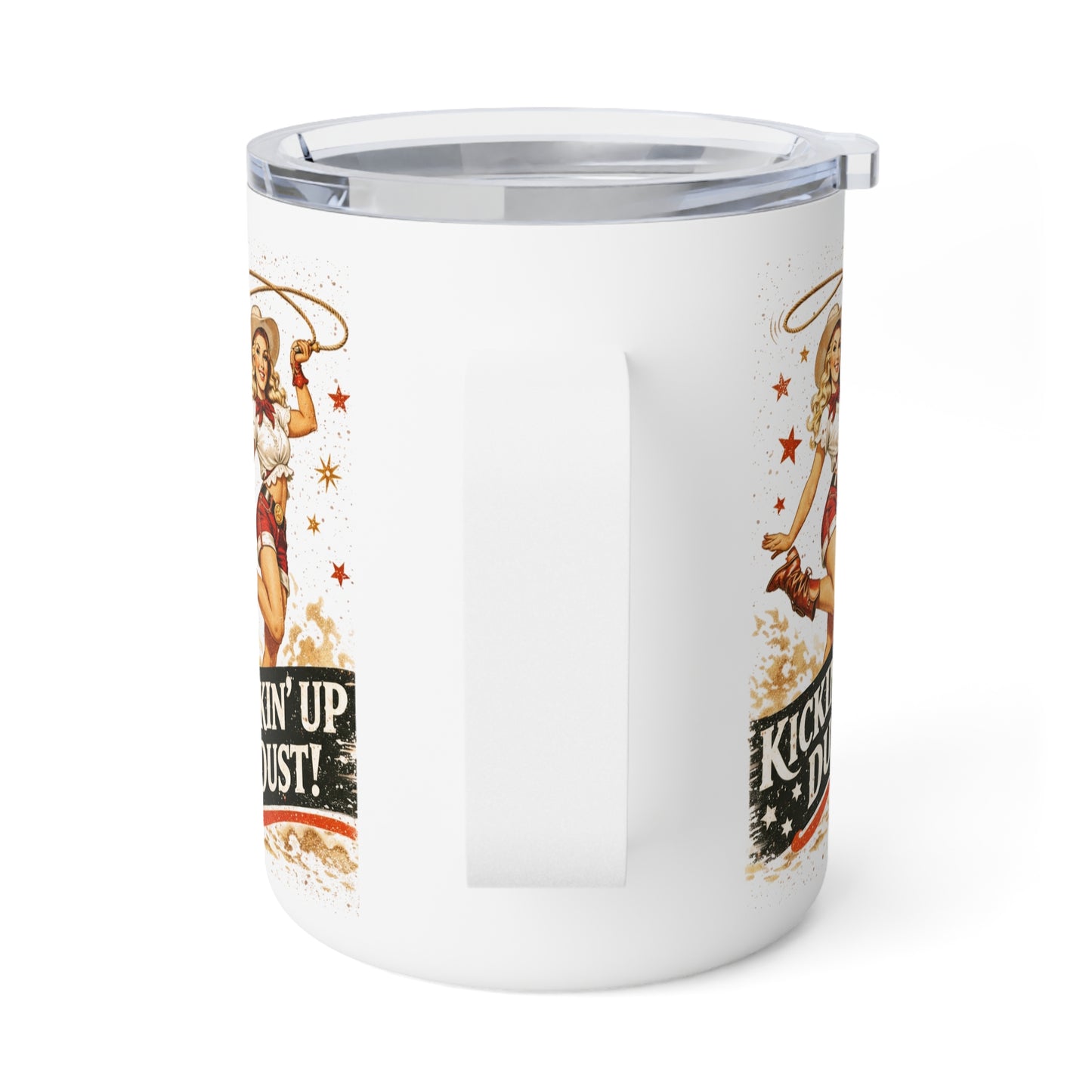 10oz Insulated Coffee Mug — Retro Southwest Stripe & 'Kickin' Up Dust' Cowgirl Design