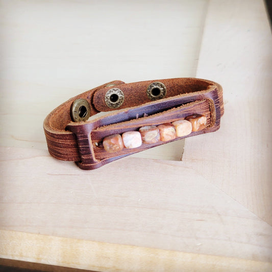 Genuine Leather Narrow Cuff with Earth Regalite Chunks 007b