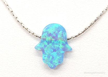 Vintage Blue Opal Hamsa Hand Sterling Silver Necklace