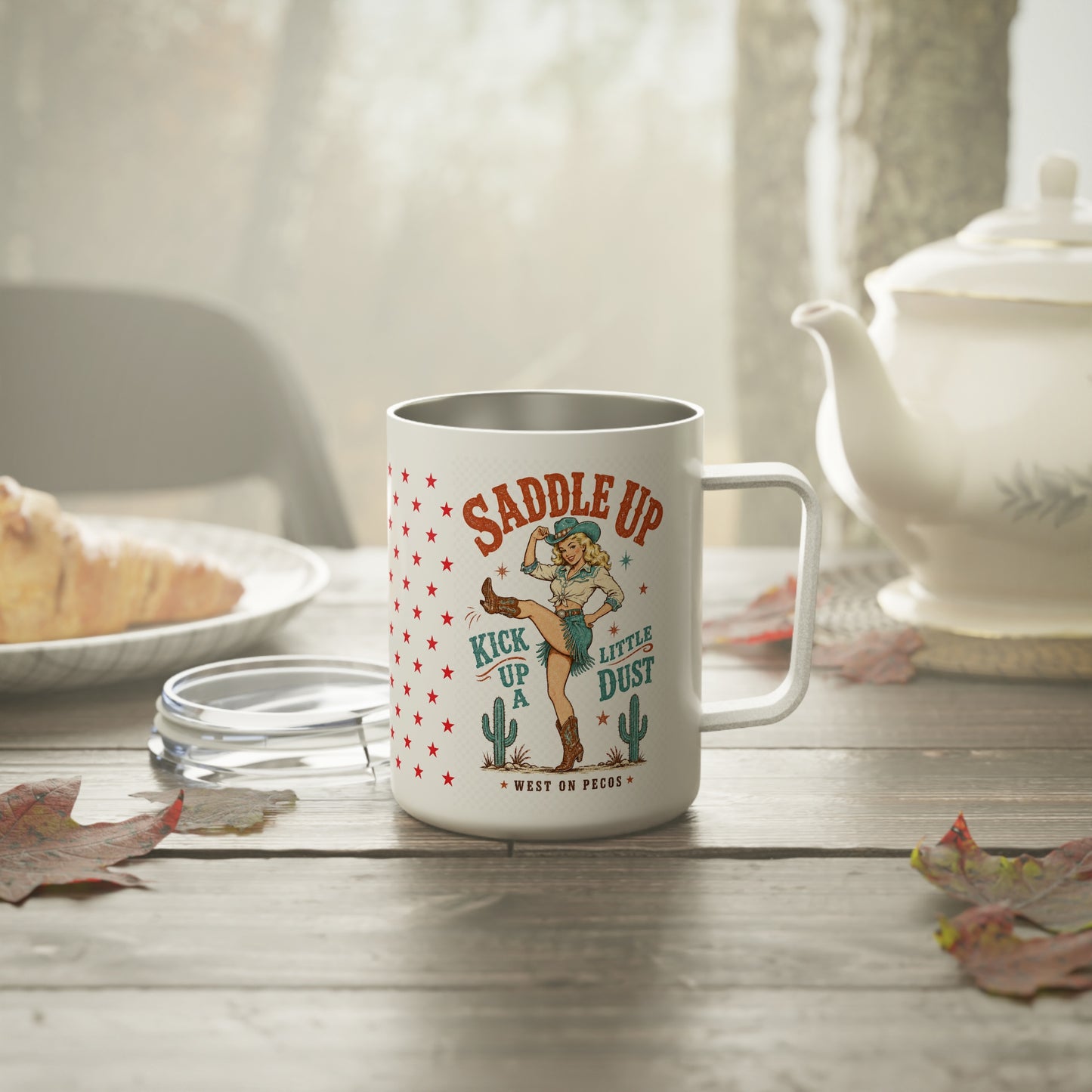 Western Coffee Mug – “Saddle Up” 10oz Insulated Travel Mug with Retro Cowboy Design
