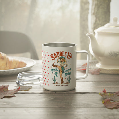 Western Coffee Mug – “Saddle Up” 10oz Insulated Travel Mug with Retro Cowboy Design